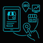 SEO local representado con íconos de ubicación, negocios y Google Maps en cian con fondo negro